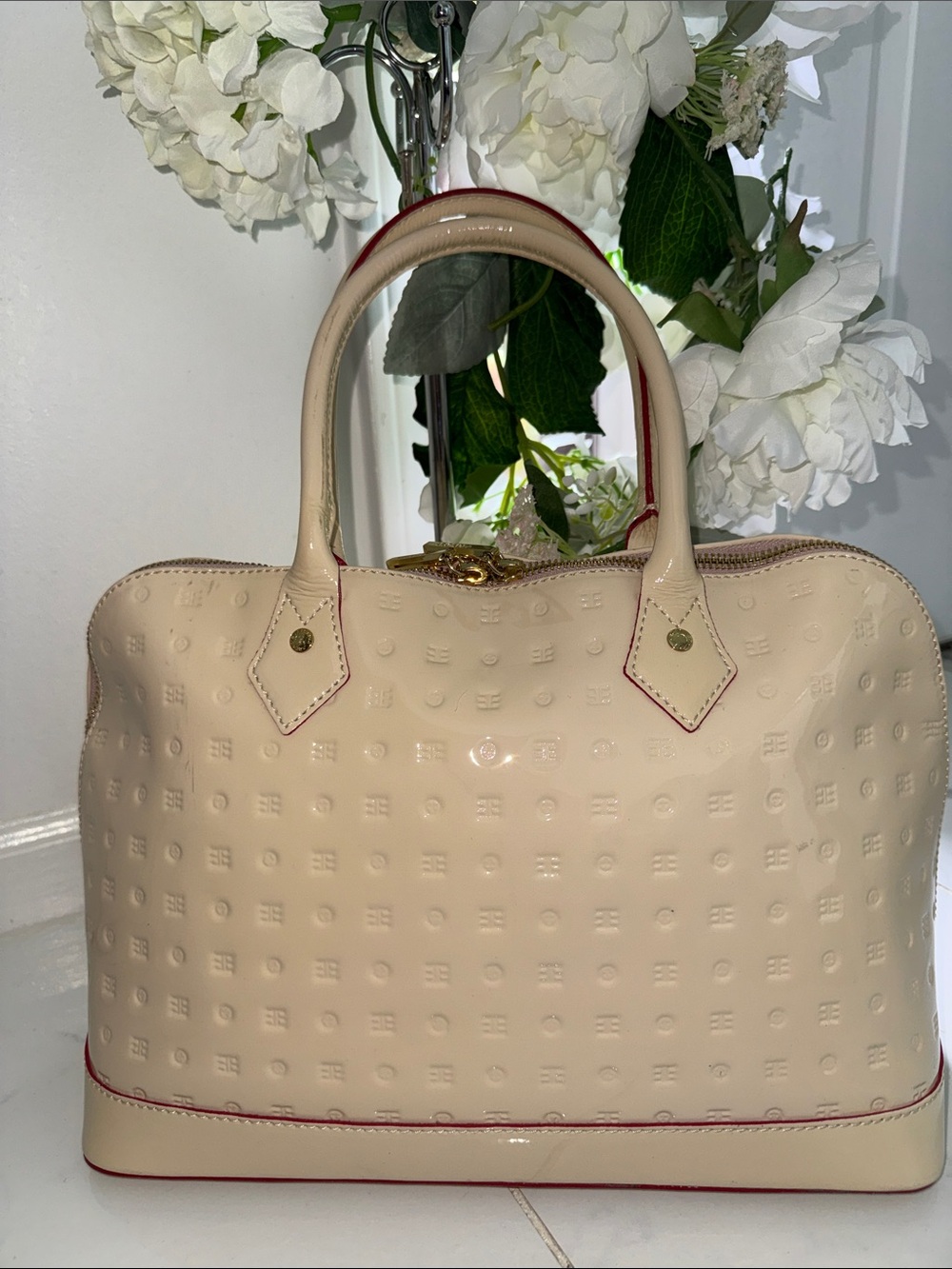 Arcadia Cream Patent Satchel with Red Trim - Picture 2 of 14